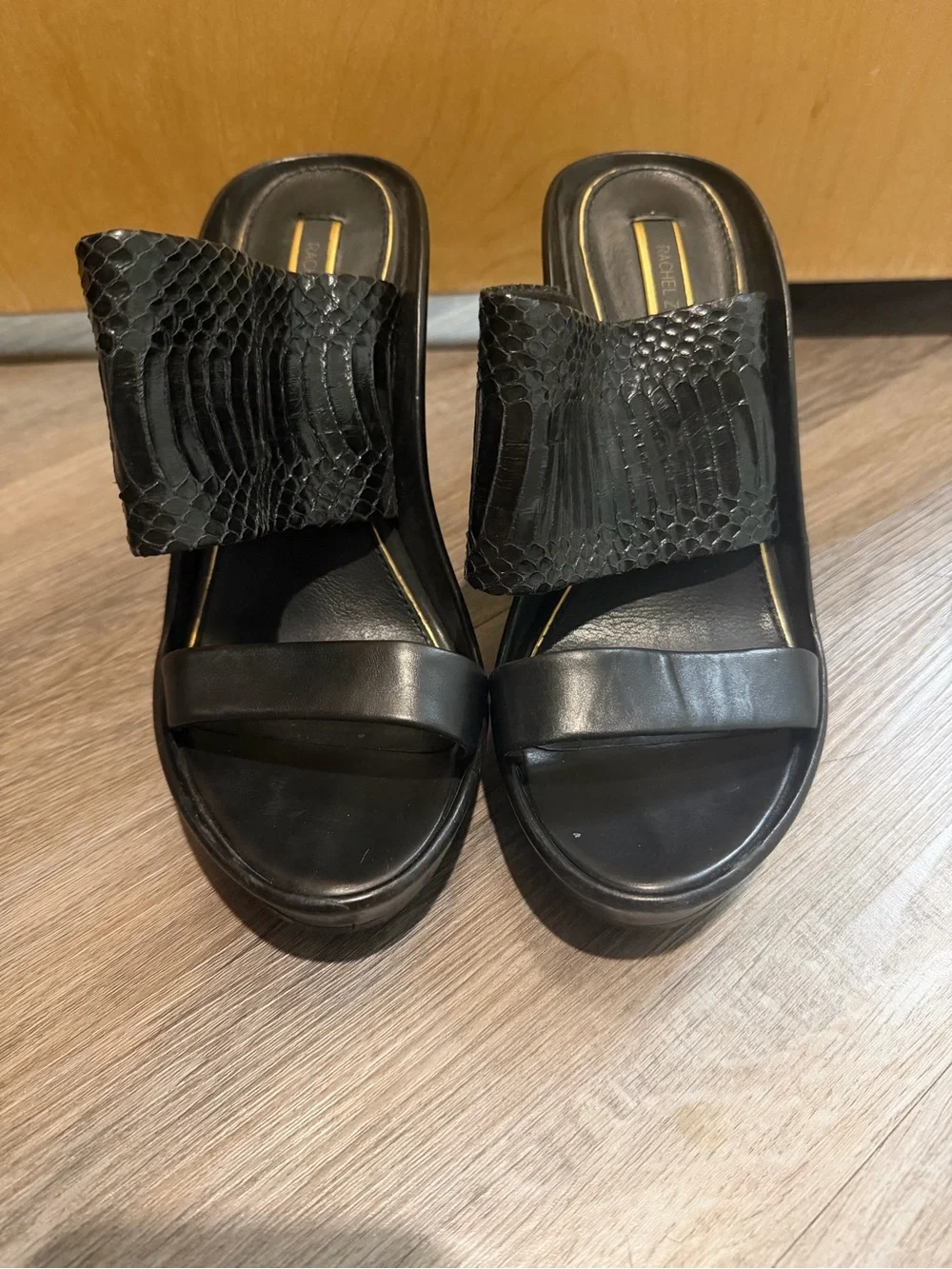 Rachel Zoe Black Textured Platform Wedge Slide Sandals